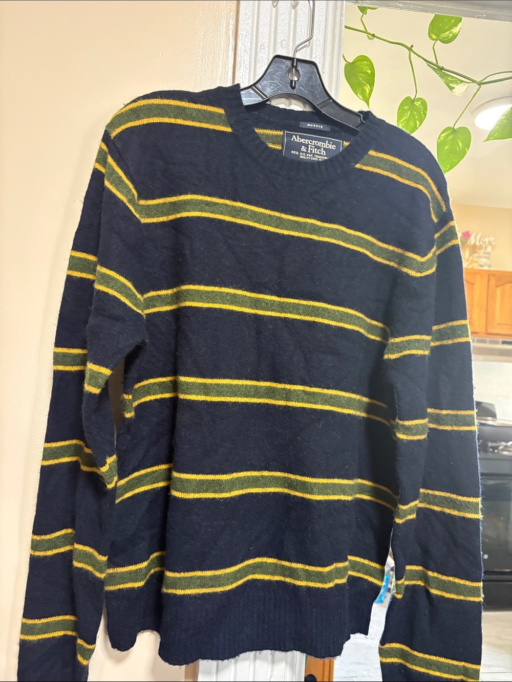 Abercrombie & Fitch Navy Crewneck Sweater with Yellow Stripes
